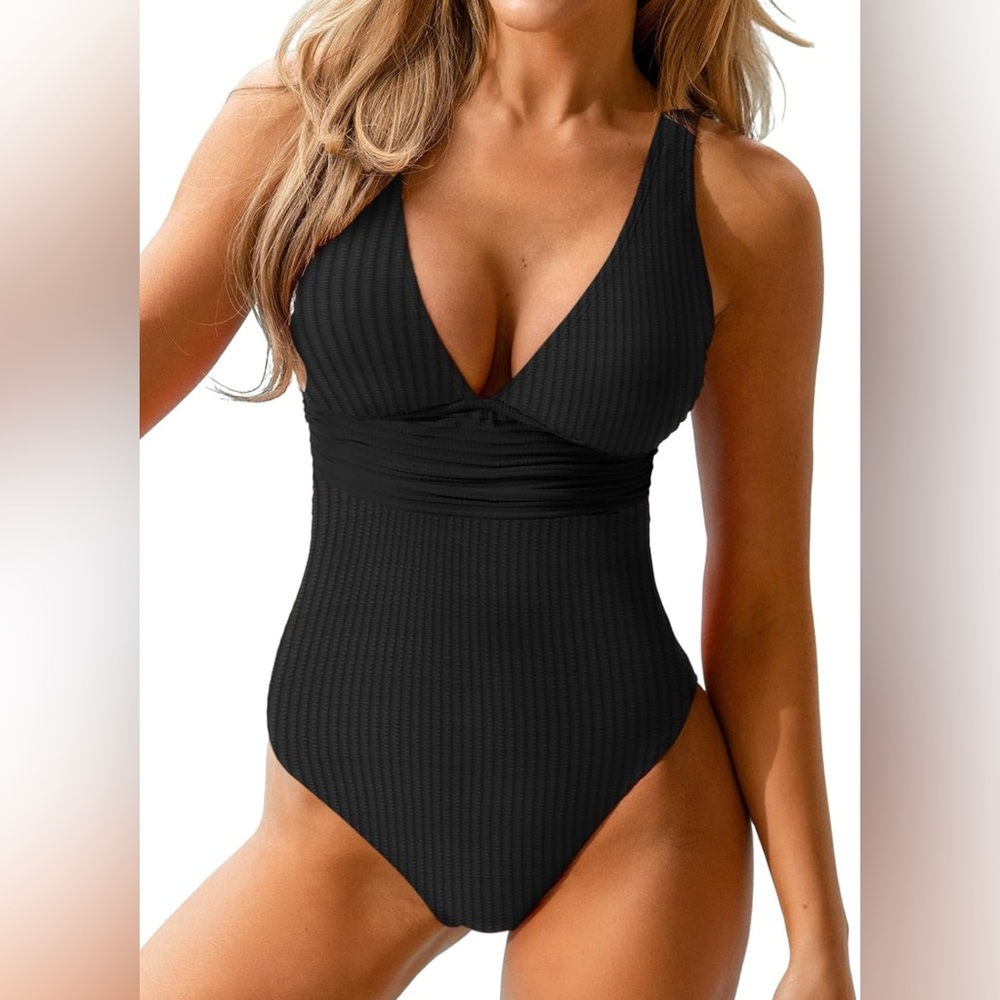 CUPSHE One Piece Swimsuit Wide Straps V Neck Ruched Textured Ribbed Twist Back